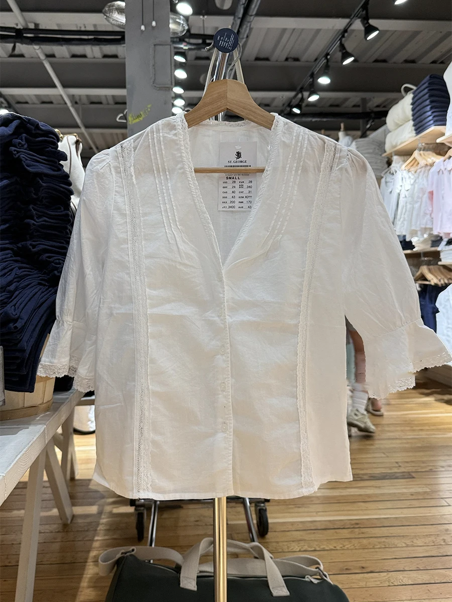 

Lace Trim White Thin T-Shirt Blouse Woman V-neck Single Breasted Flare Sleeve Shirts Autumn Sweet See Through Solid Cute Tshirts