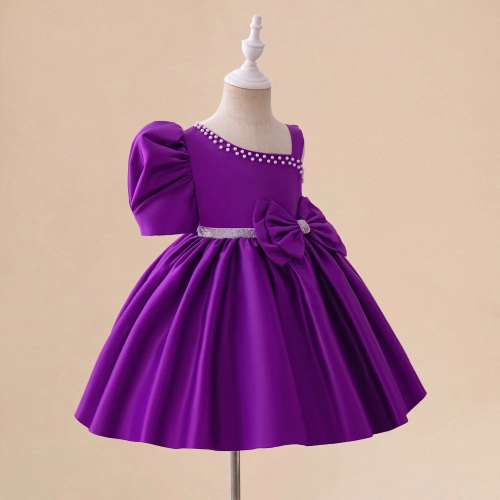Toddler Bow Baby Girl Party Dress Off Shoulder Beading 1st Birthday Wedding Ball Gown Elegant Pageant Princess Dresses Bridemaid