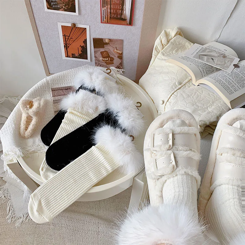 

Autumn And Winter Plush Socks Women Lolita White Feather Lace JK Socks Light Luxury Mid Tube Socks Boot Solid Wool Warm Stocking