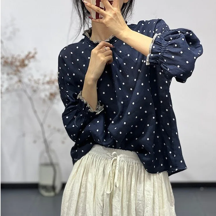 

Retro Polka Dot Cotton Linen irt Women Spring Autumn Faion Anti Aging Doll irt Ele Lace Collar Overhead Trendy