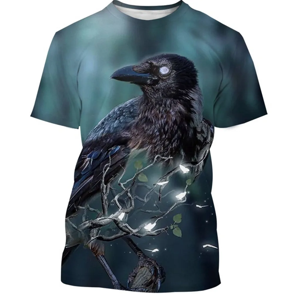 Camiseta con estampado de cuervo y pájaro para hombre y mujer, camisa de manga corta informal Harajuku, ropa deportiva para exteriores, Verano