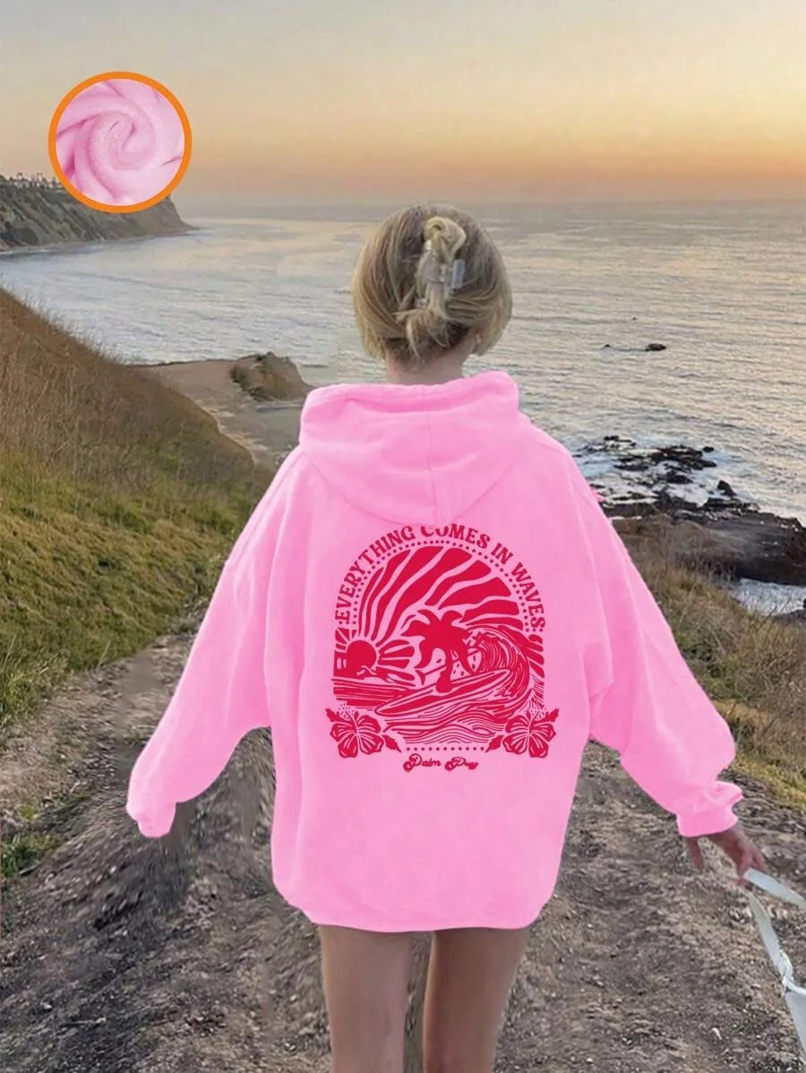 Everything Comes in Waves Graphic Sweatshirts Hoodies Kids Surfer Lover Gift Pink Palm Puff Cartoon Classic Street Style Hoodie