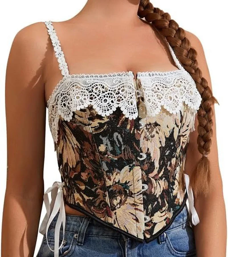 

French Summer Lace Floral Vintage Print Casual Camisole Tank Tops for Women with Diagonal Strap Corsets Bustier Bodyshaper Vest