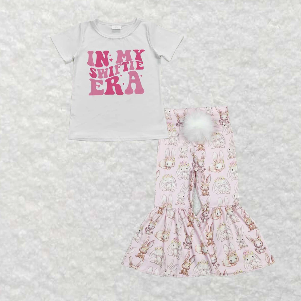 wholesale hot sale baby girls clothes Easter White short-sleeved top with letters flower bunny fur ball tail, pink trousers