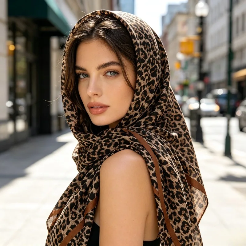 European American Leopard Print Silk Feel Scarf 35.5in Satin Square Shawl Muslim Headwrap for Women Daily and Party