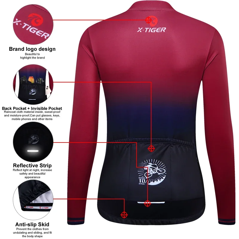 X-TIGER Cycling Jerseys Lady Winter Thermal Biking Jersey Long Sleeve Keep Warm Gradient Series Sport Running Bicycle Shirts