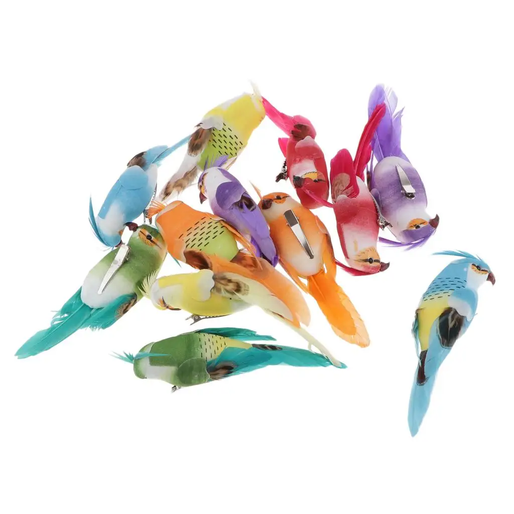 

12pcs Colorful Looking Feathered Birds Artificial Parrot Decoration for indoor e outdoor, Clip / Claw 2 Design to Choose