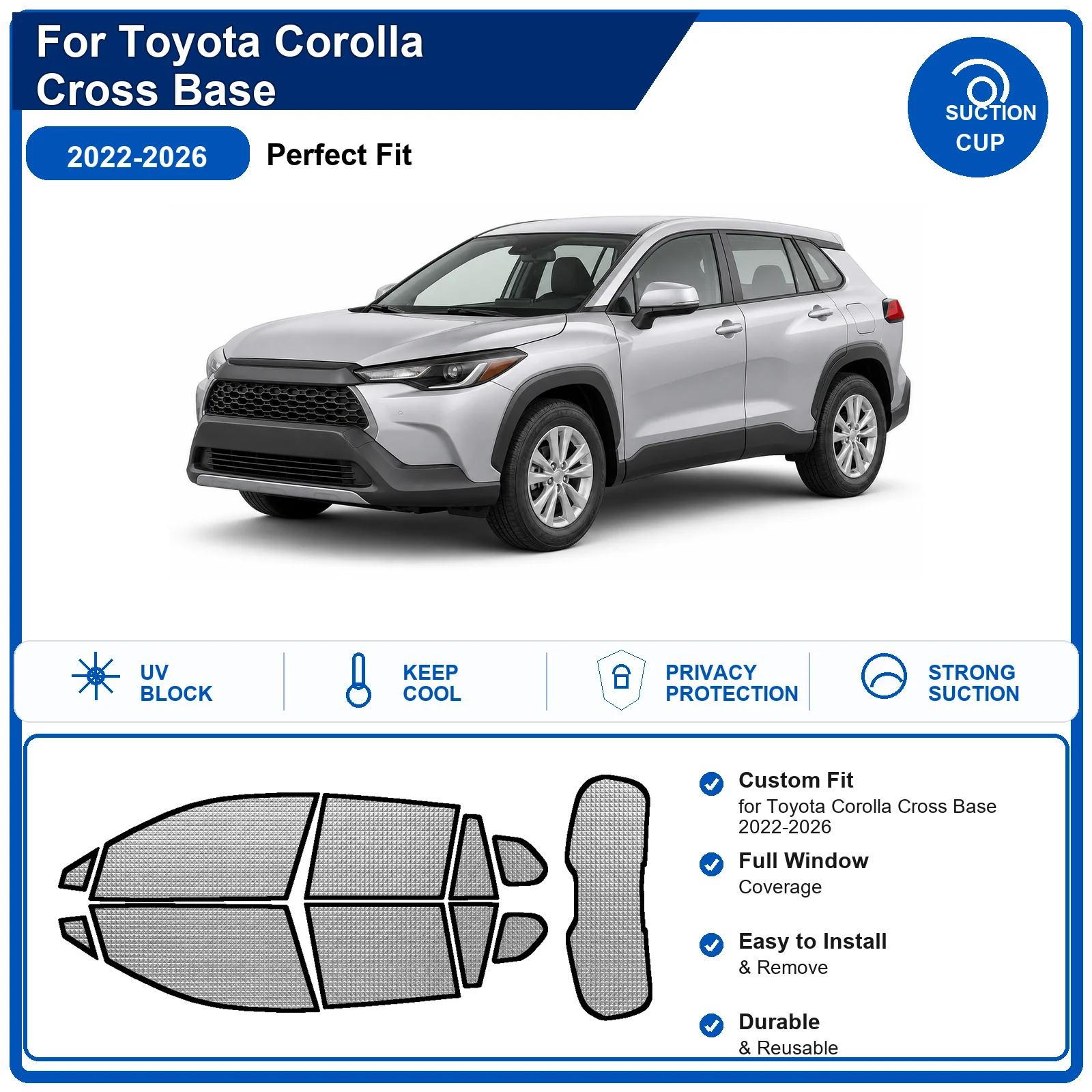 For Toyota Corolla Cross Base 2022-2026 Custom Full Set Windshield Sun Shade Aluminum Foil Heat Insulation Anti UV Foldable