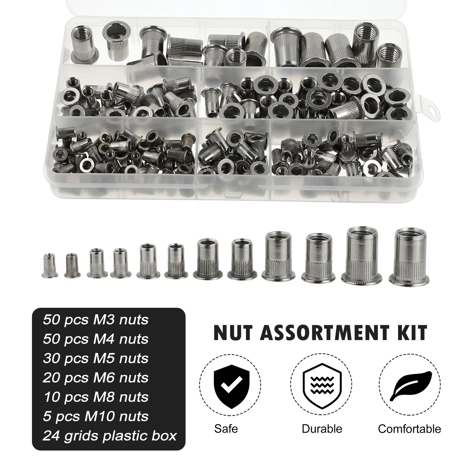 

165Pcs Rivet Nut Set Sturdy Nuts Precision Production Easy Disassembly Reassembly Vertical Pattern Rivet Nuts Nut Assortment Kit