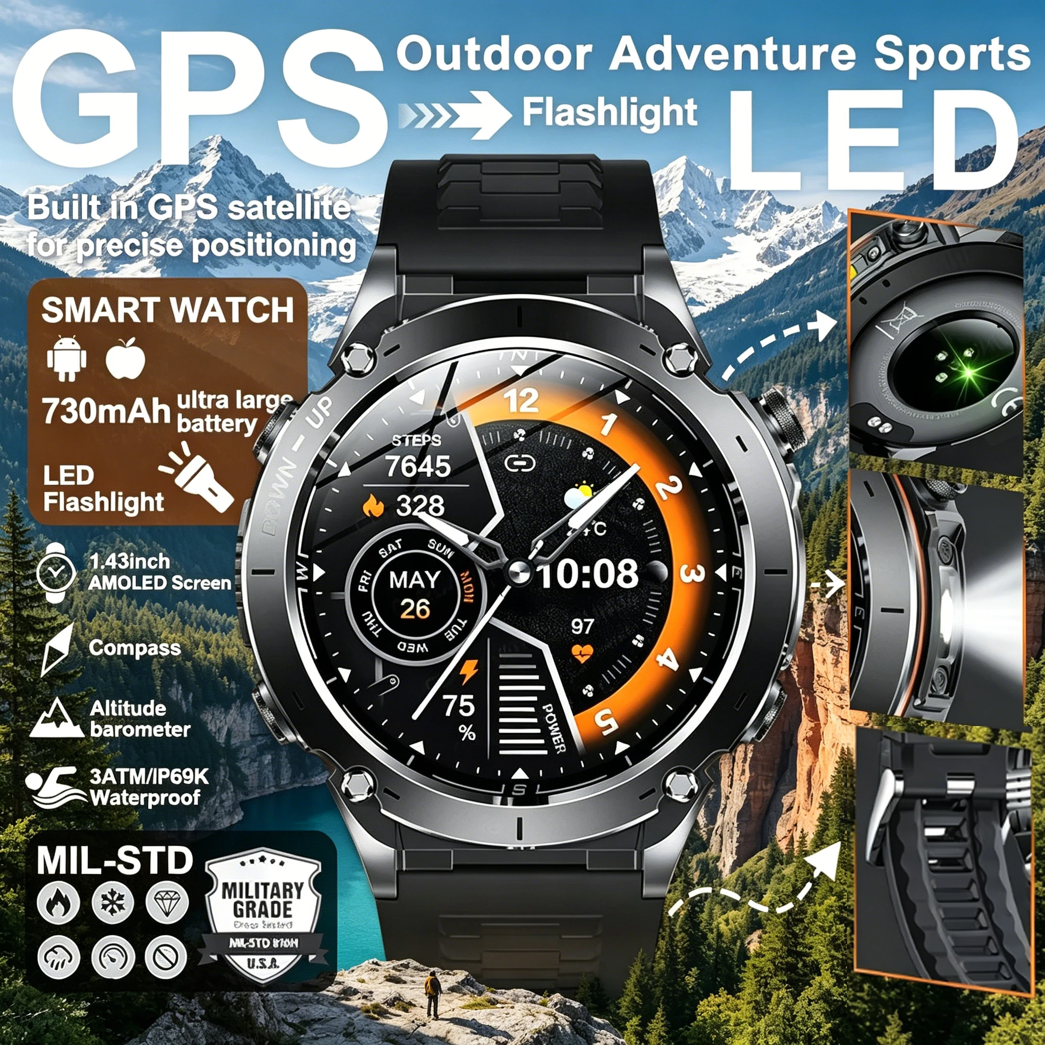 

2026 Men gift GPS Track Smart Watch Flashlight 730mAh Large Battery Bluetooth Call 3ATM Waterproof Military AMOLED HD Smartwatch
