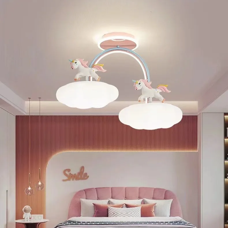 Adorable Unicorn Ceiling Light with Full Spectrum Protection for Kids Room, Warm Cartoon Cloud Princess Lamp Eyecare Pendant