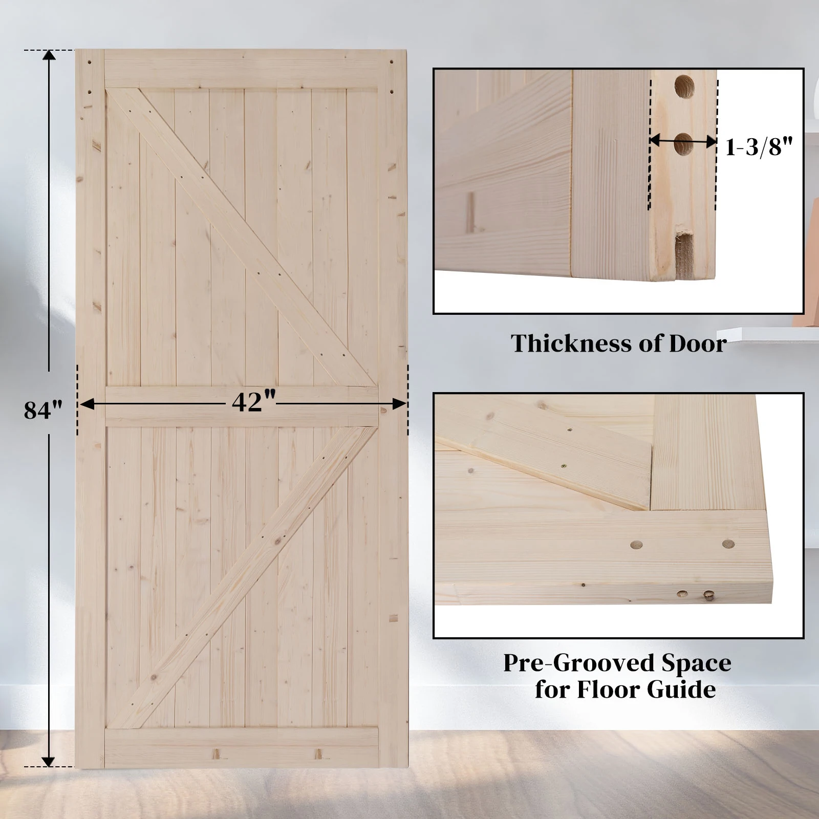 Sólida Spruce Madeira Deslizante Porta do Celeiro, Kit de Hardware e Alça, K Quadro, inacabado, DIY Assembleia, Gerando Simples, 7FT