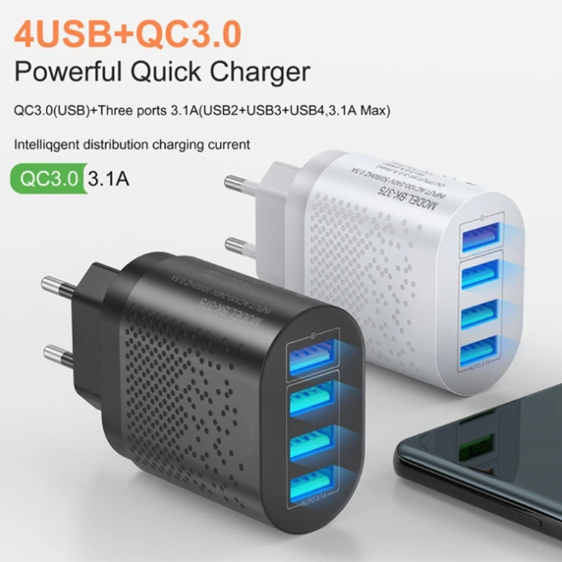 Quick USB Phone Charger Universal 4 Port Travel Fast Charging Portable Power Bank Adapter For Samsung