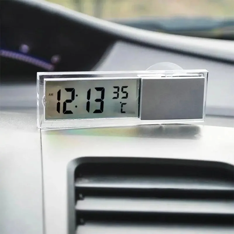 Suction Cup 2-in-1 Car Mini Transparent LCD Display Car Thermometer Electronic Watch Car Decoration Accessories Dashboard Clock