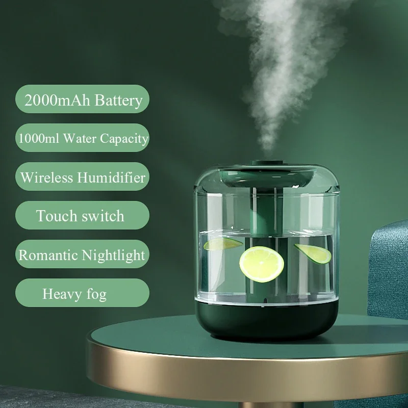 Wireless Air Humidifier | Ultrasonic Cool Mist Maker | 2000mAh Rechargeable Battery | USB Water Diffuser | LED Light