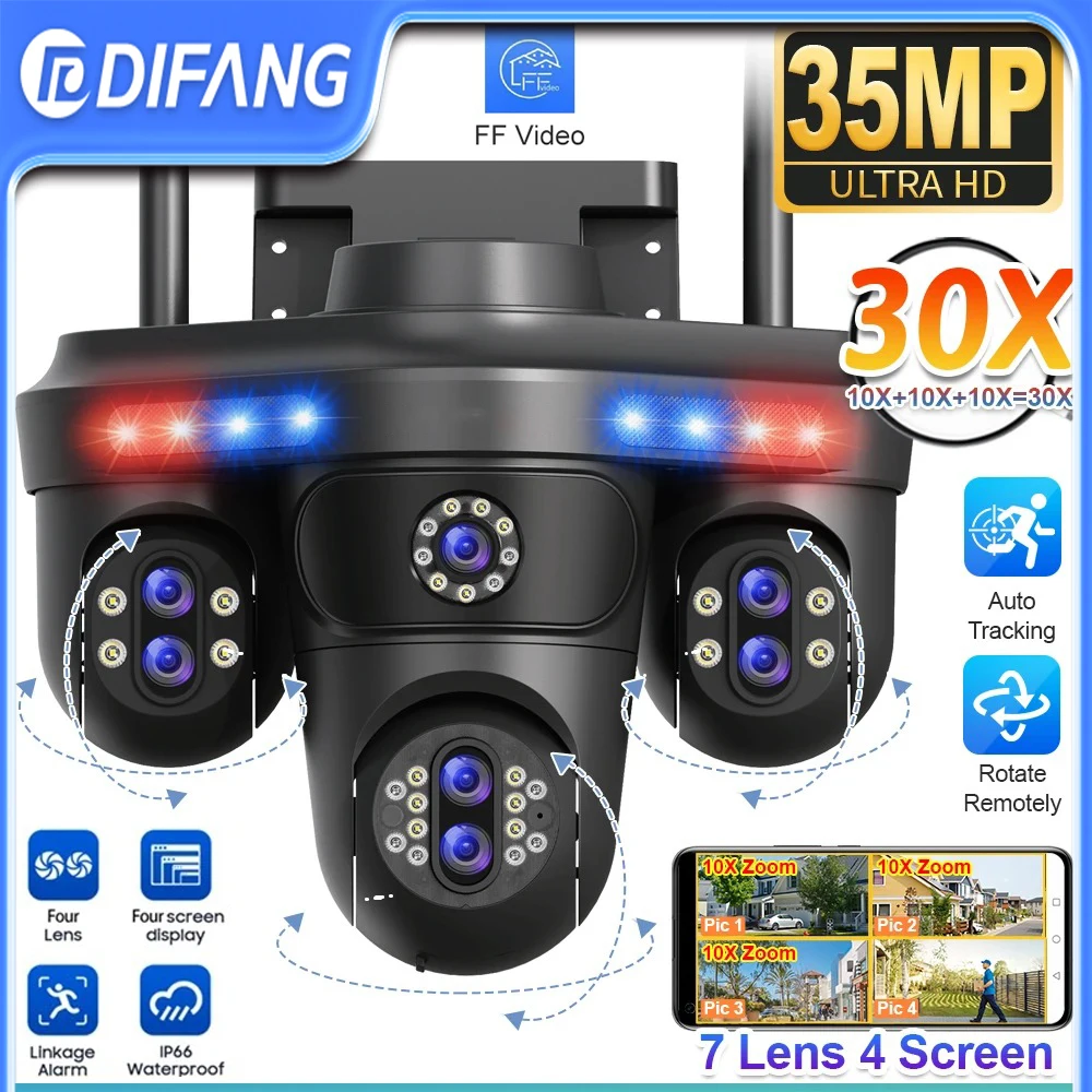 

35MP Home IP Camera Seven Lens Three Remote Control Rotation PTZ Four Screen Outdoor WiFi Security Camera Wireless 30X Zoom CCTV