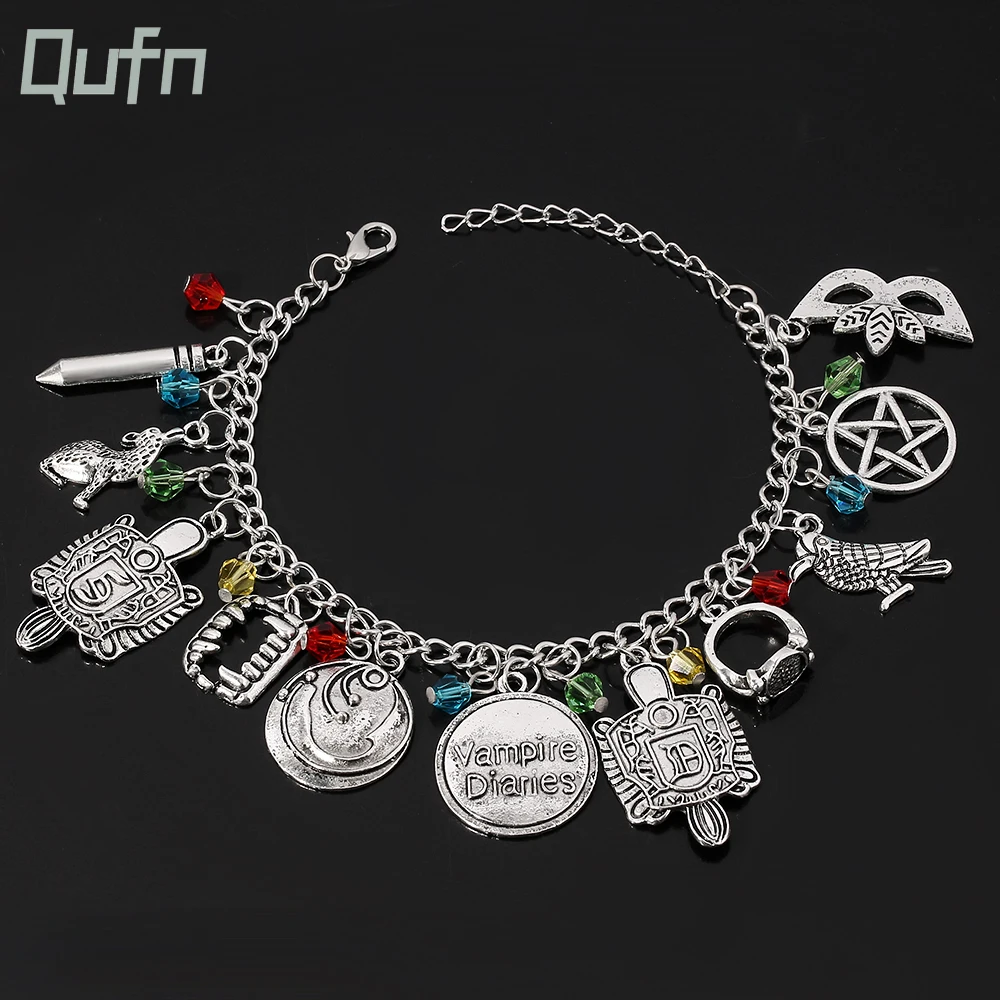 Trendy Ancient Silver Color Vampire Diaries Inspired Charm Bracelet Fashion Vintage Women Charm Crystal Jewelry Bracelet