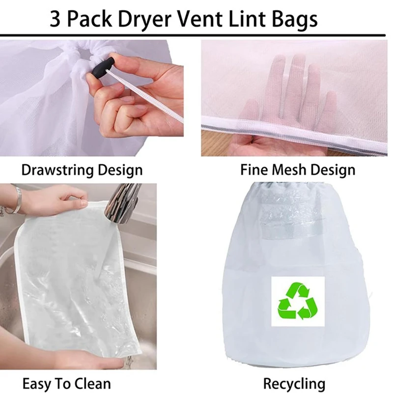 3Pack Dryer Vent Lint Bags, Lint Traps For Indoor Outdoor Dryer Vents, Lint Dust Bag Capturing Lint And Dust