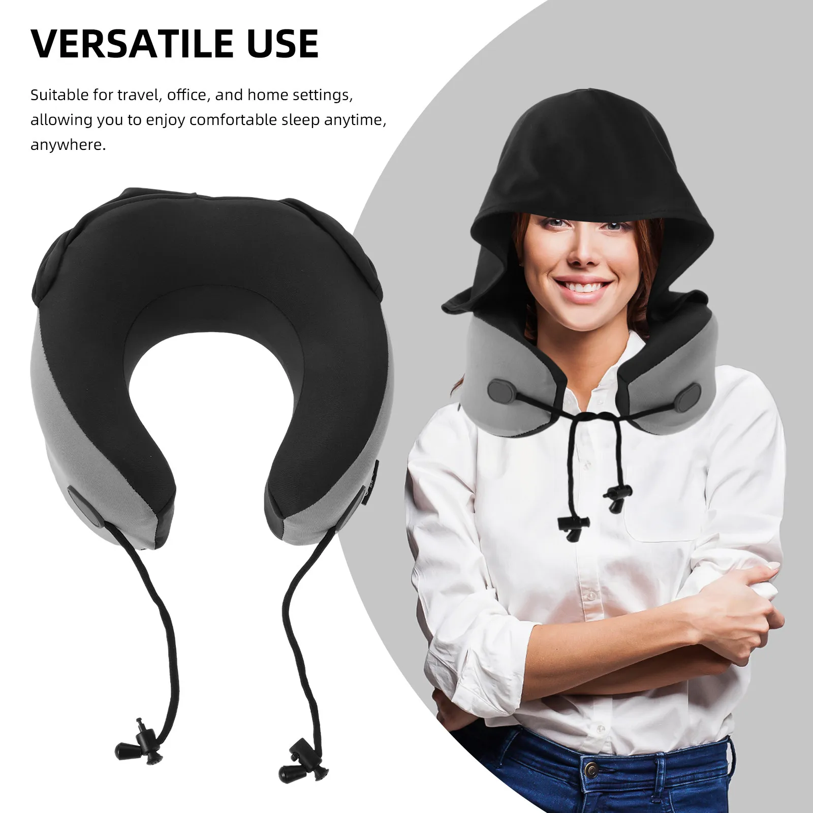 Travel Essentials Memory Foam U Shape Neck Pillow Portable Hooded Adjustable Strap for Airplane Car Sleeping Travel Essentials
