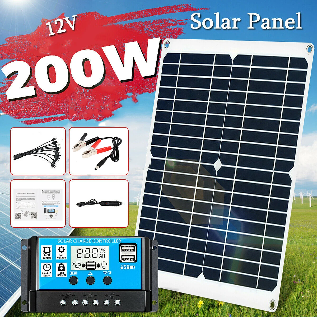 200W Solar Panel Kit Dual USB Portable Battery Power Bank Charger Board With 20A Controller 12V For Outdoor Camping Yacht Lights