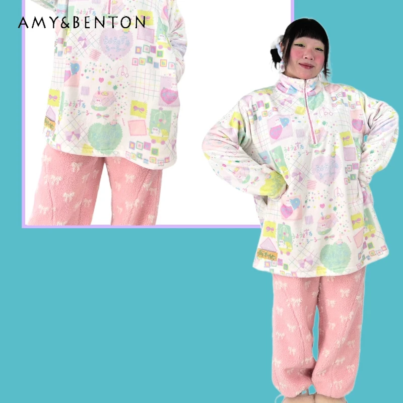 

2025 Winter New Sweet Cute Animal Print Coral Fleece Women's Sleep Japanese Design Warm Fleece Loose Zipper Sleepshirts Ladies