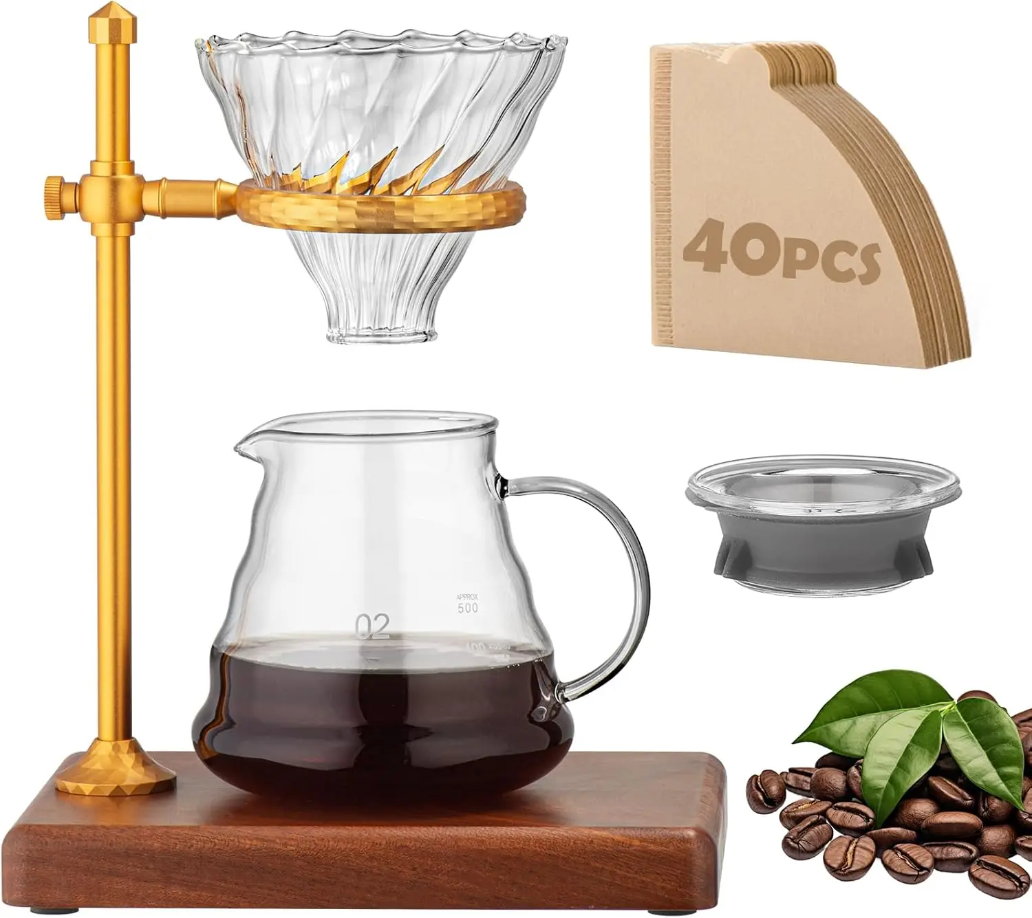 

Набор для заваривания кофе методом пуровер – стеклянный дриппер с подставкой из нержавеющей стали, деревянным основанием и 40 фильтрами – дорожный фильтр для кофе