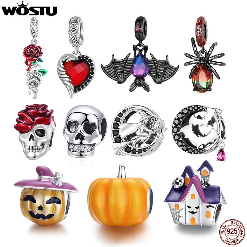 WOSTU 925 Sterling Silver Halloween Collection Red Rose Flower Skull Charms Black CZ Witch Bat Bead fit DIY Bracelet Bangle Punk