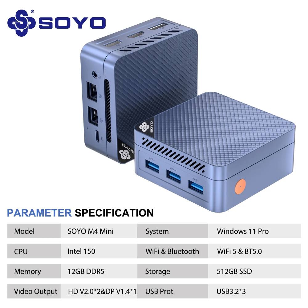 SOYO Mini PC Intel N150 CPU 12GB DDR5 RAM 512GB M.2 SSD Desktopcomputer 4K Dual HDMI/USB3.2/WiFi 5/BT5.0 voor kantoorzaken - afbeelding 1