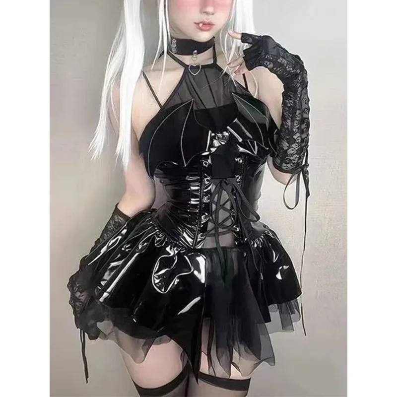 PU Latex Leather Halter Neck Straps Bat Devil Perspective Short Mini Dress Women  Sexy Cosplay Lingerie Punk Y2k Gothic Clothes - view 2