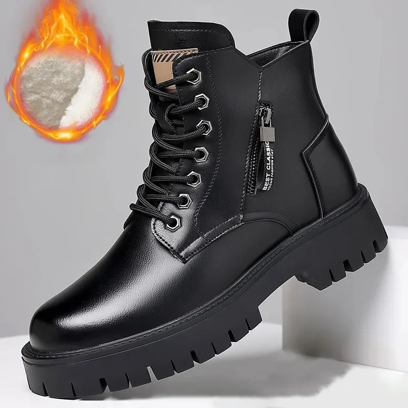 

2025New Winter Men Boots Plush Warm Lace Up Cotton Boot Outdoor Workwear Ankle Boots British Fashion Leather Boot Bota Masculina