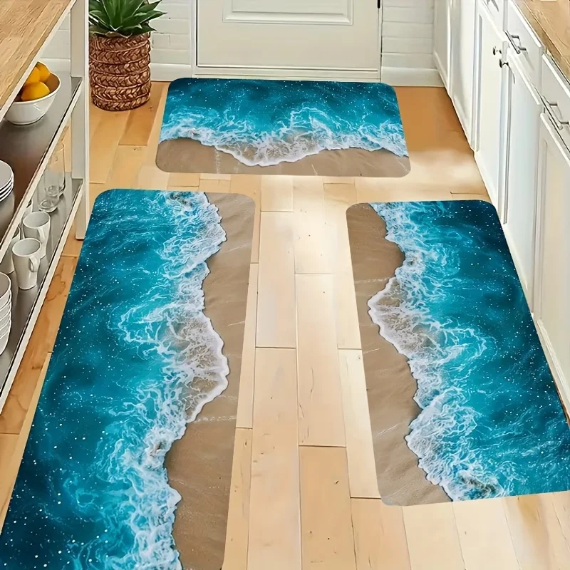 Newest Doormat Blue Sea Wave Beach Sand Print Washable Non Slip Coastal Kitchen Runner Rug Set for Living Room Bedroom