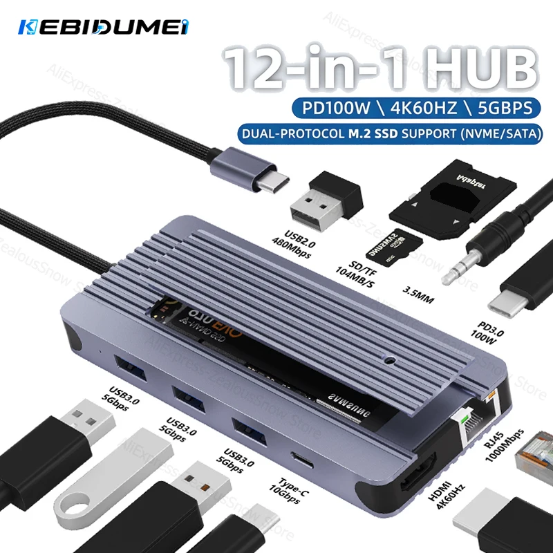 KEBIDUMEI M.2 SATA NVME SSD HUB 12-in-1 USB C Docking Station USB C HUB 4K60Hz/RJ45 1000Mbps/PD100W/USB3.0 5Gbps Adapter for PC