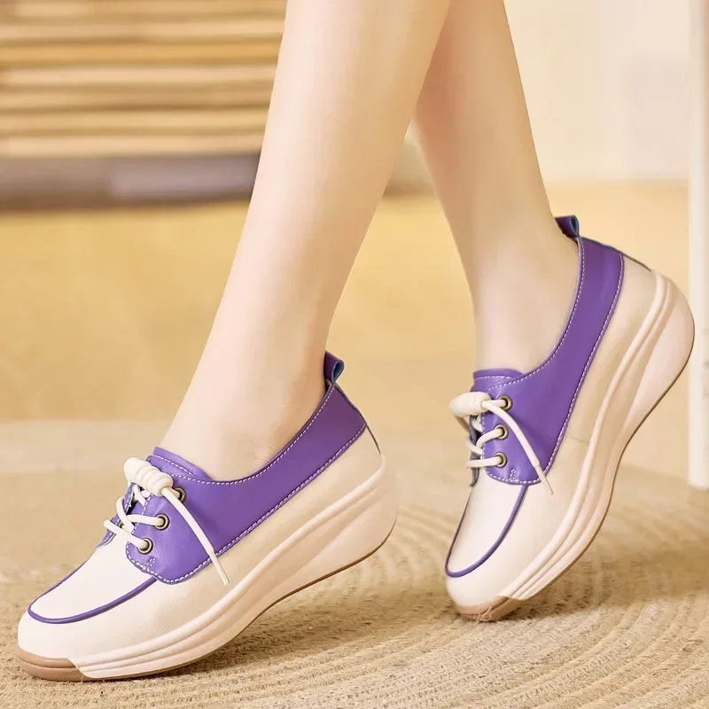 Women Fashion Platform Flats Sneakers  Autumn Breathable Lace Up Wedge Sport Shoes Comfort Soft Leather Travel Casual Shoes