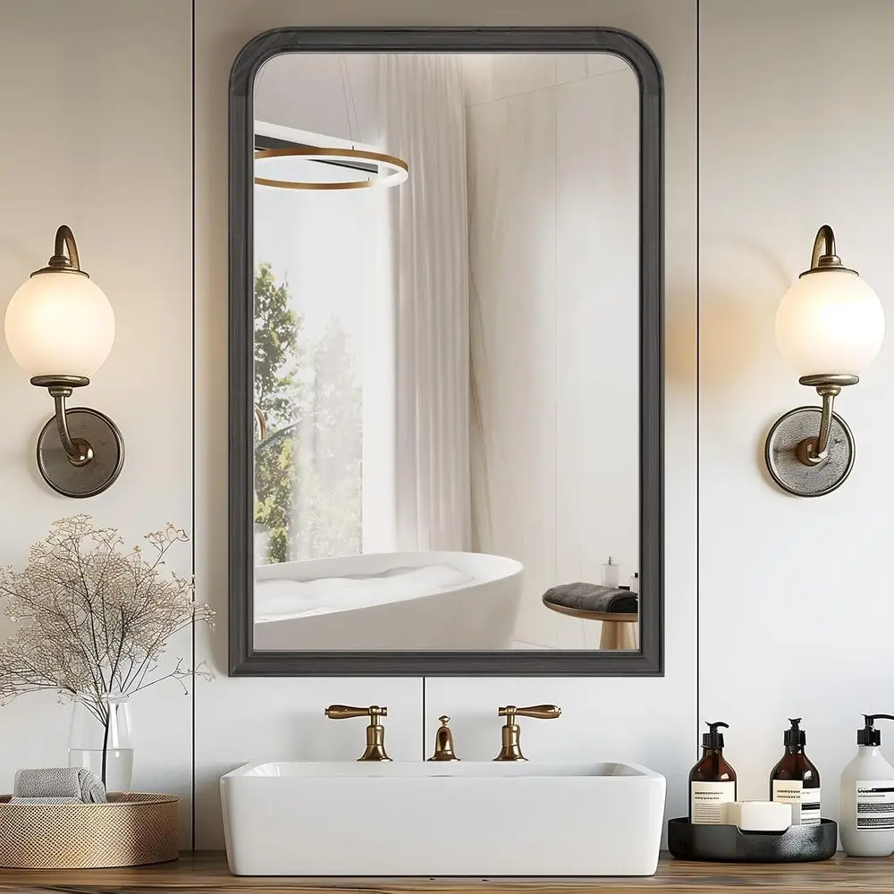 

Арочное деревянное настенное зеркало 24 x 36, косметическое зеркало в винтажном стиле для ванной или домашнего декора (черное)