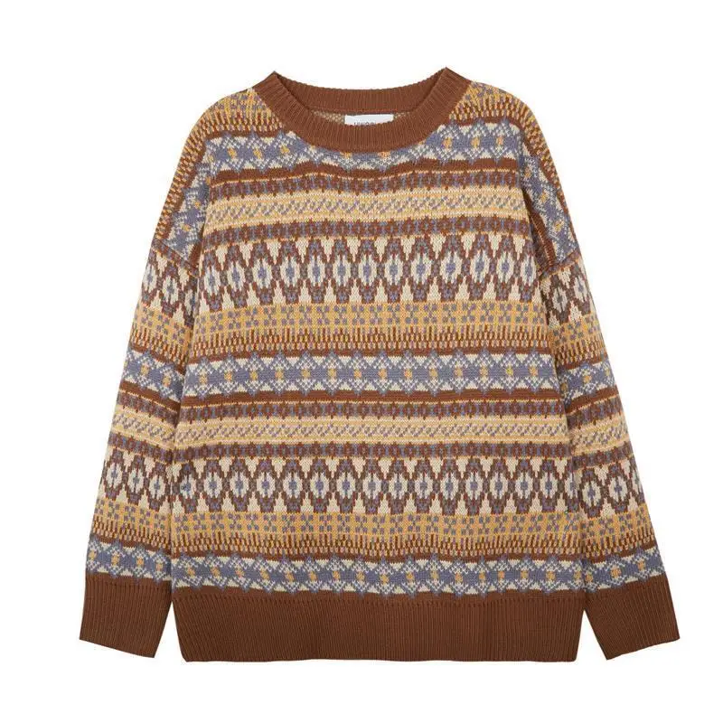 

Винтажный свободный жаккардовый вязаный свитер контрастного цвета в стиле ретро, повседневные уличные свитера, куртка для мужчин и женщин, пуловеры