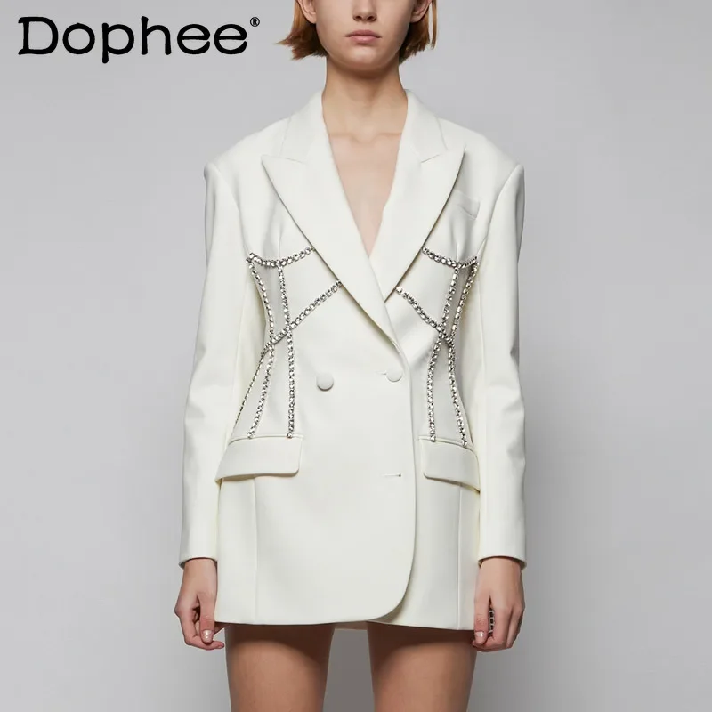 2022 Spring Heavy Light Rhinestone Office Ladies Suit Coat Women Mid-Length Fashion Slim Waist Black White Short Blazer Dress