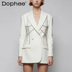 2022 Spring Heavy Light Rhinestone Office Ladies Suit Coat Women Mid-Length Fashion Slim Waist Black White Short Blazer Dress