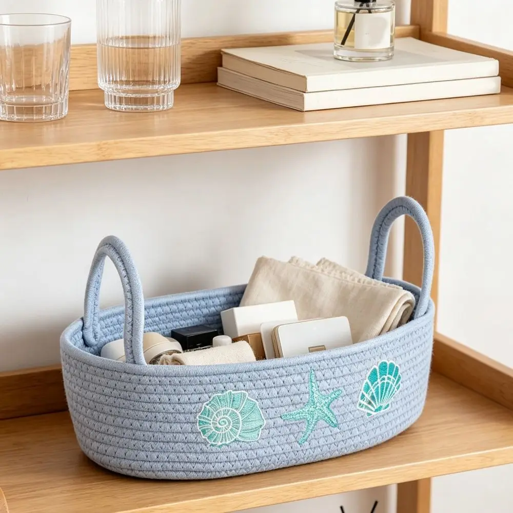 Oval Cotton Rope Storage Basket Ocean Style Decorative Woven Cotton Rope Organizer with Handle Shell Starfish Embroidery