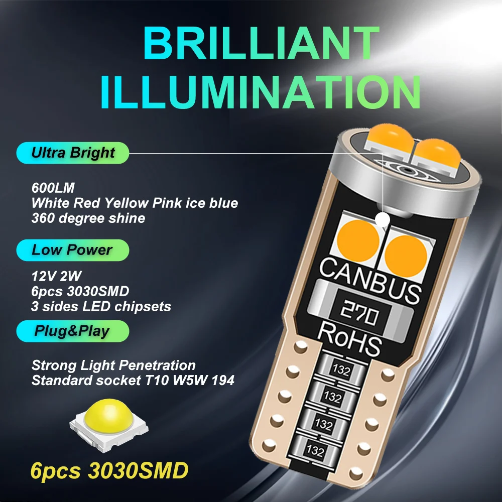 1Pcs T10 W5W WY5W 2825 Super Bright LED Canbus No Error Car Interior Reading Dome Lights Auto Parking Lamp Wedge Tail Side Bulb - Image 2