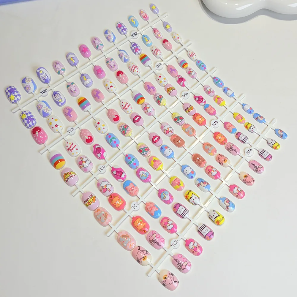

24pcs Short Square Children Press on Nails Kawaii Cartoon Animal/Flowers/Fruit Kids Stick-On False Nail Tip for 4-12 Years Girls