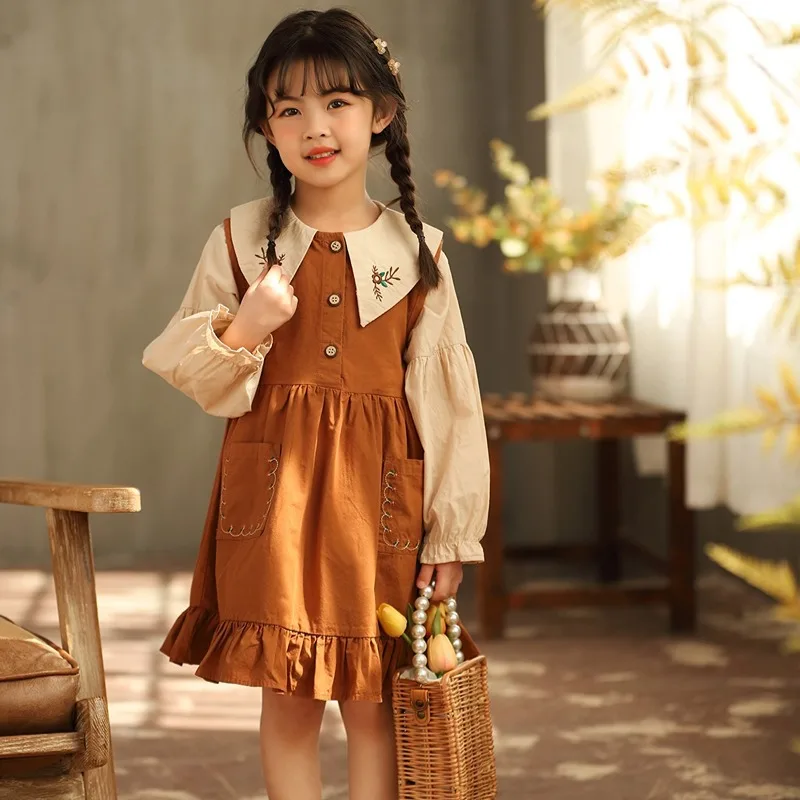 

Girls' Autumn Dress Fake Two-Piece2025New Spring and Autumn Long Sleeve Embroidered Melard Doll Collar for Older Children