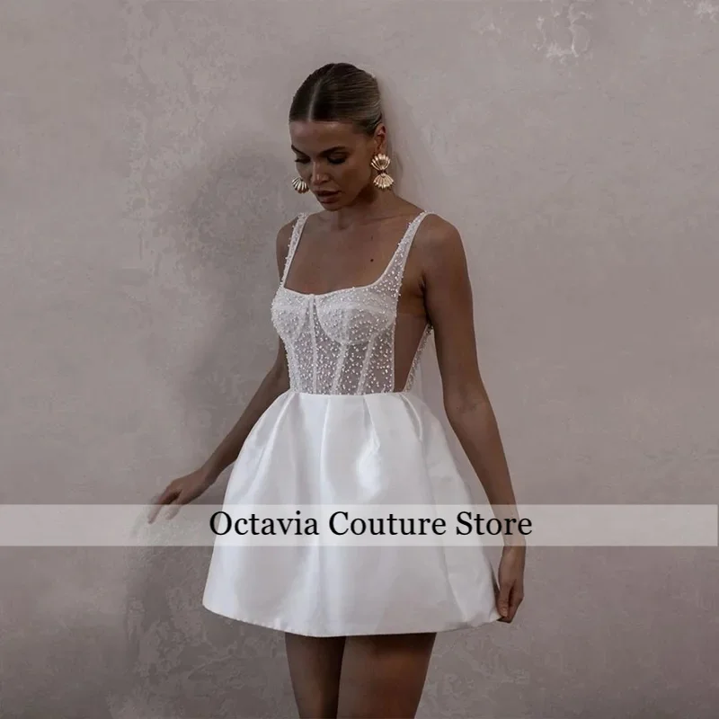 Popular Wide Straps Sheer Illusion Pear Short Short Wedding Dresses Backless Mini Bridal Gown Vestido De Noival