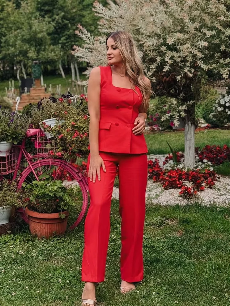 HH المرأة الصيف موضة الدعاوى الأحمر ساحة الرقبة أكمام جيوب مزدوجة الصدر صدرية أعلى منتصف الخصر شق Stralght السراويل