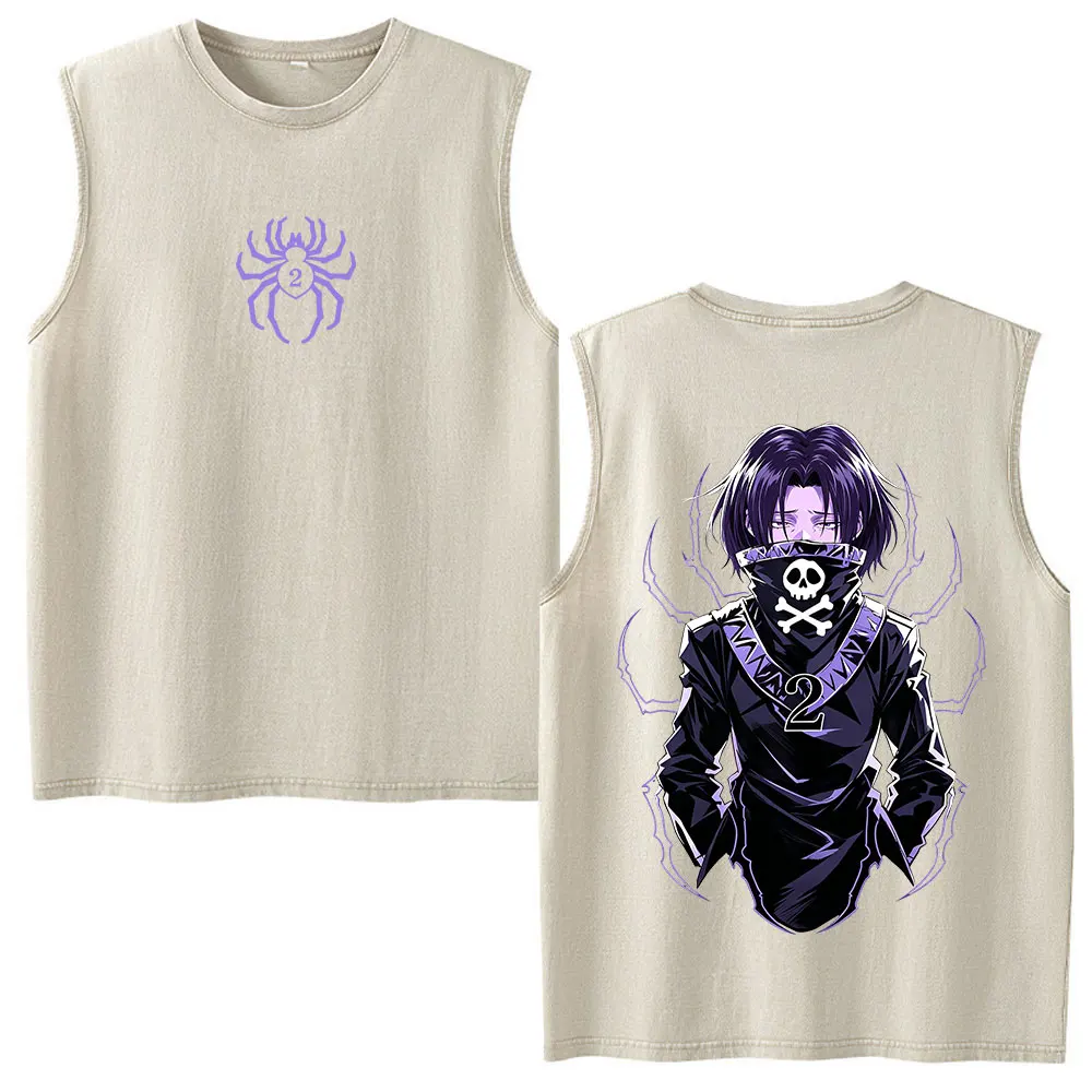 Anime Hunter X Hunter Feitan Portor Vintage Washed Sleeveless Tank Tops Phantom Troupe Spider Logo Manga Casual Vest T-shirts