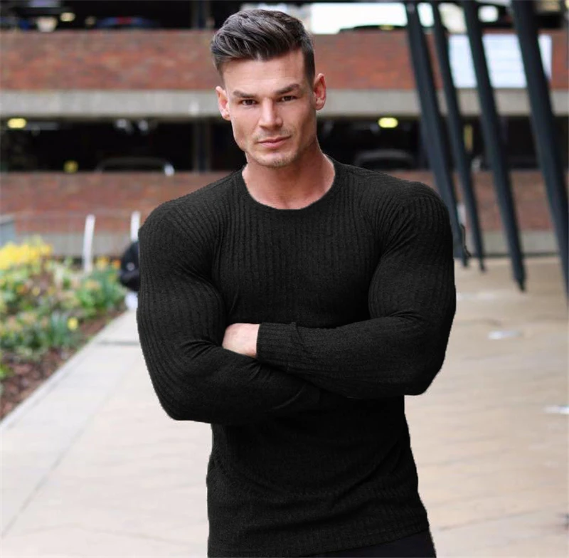 

Autumn Winter Casual Knitted T-shirt Long Sleeves Fitness Gym Bodybuilding Workout Clothing Mens Running Sport Breathable Shirts