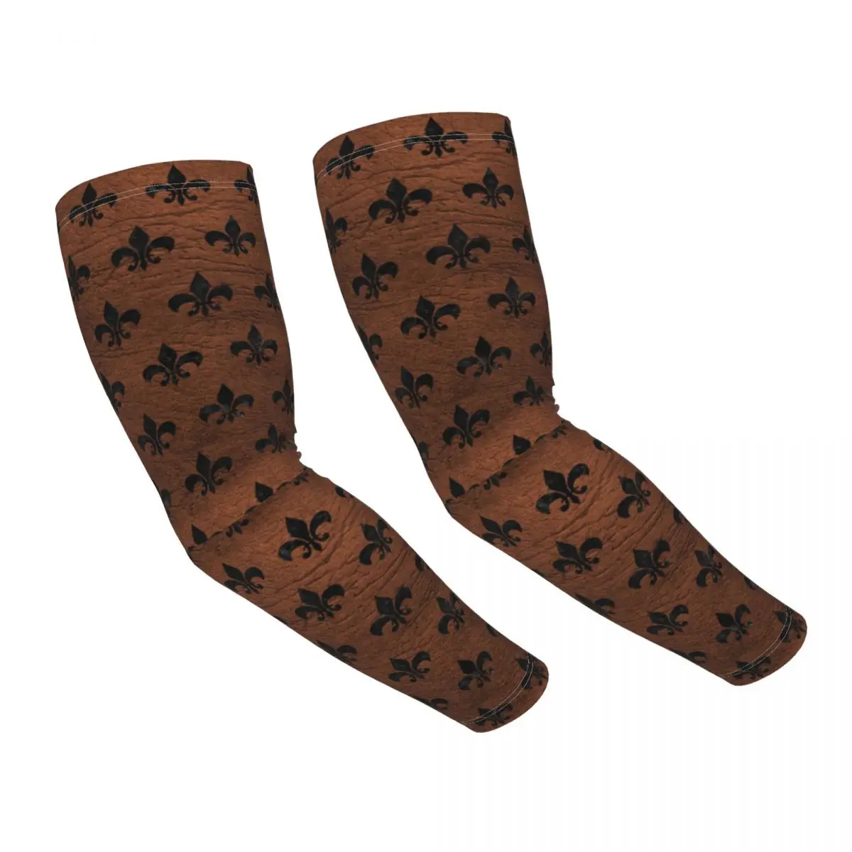 Royal Black Marble Brown Leather Fleur De Lis Sun UV Protection Cooling Arm Sleeves Lily Flower Symbol Running Tattoo Cover Up