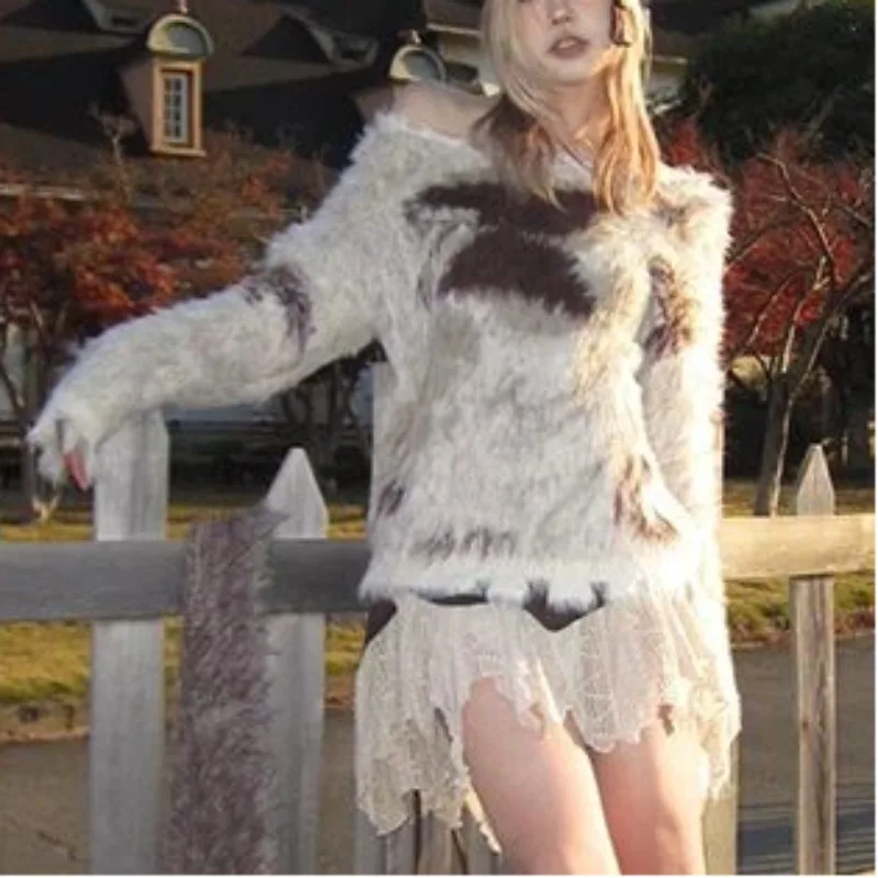 

Harajuku Свободный мохеровый пуловер Эмо Трикотаж Y2k Субкультура Черный готический свитер с черепами Гранж Эстетика Вязаный джемпер с v-образным вырезом