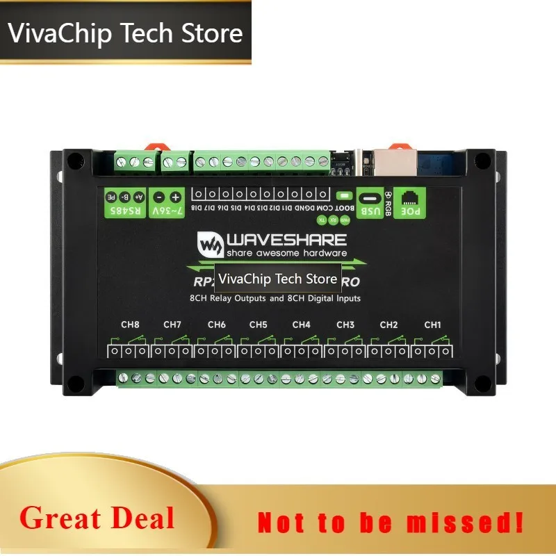 VivaChip TechIndustrial 8-Channel RP2350 Relay Module On RP2350 Microcontroller Supports Digital Input RS485 And Ethernet Port I