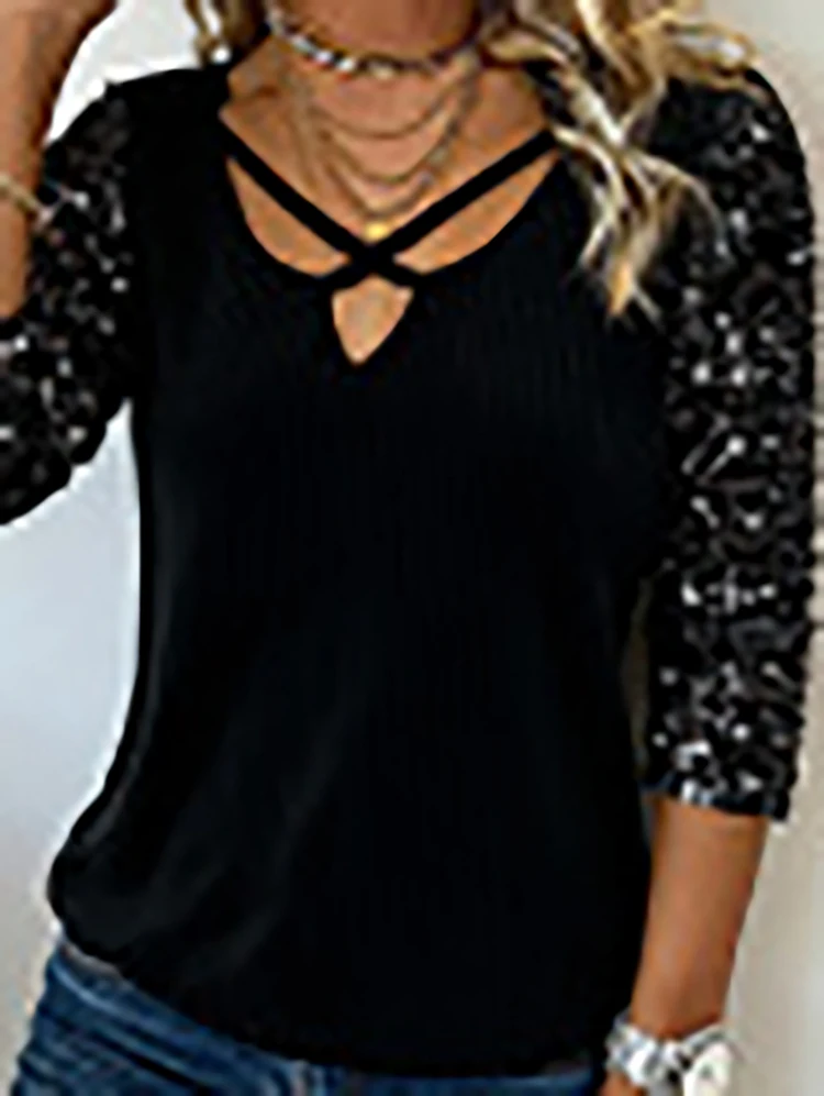 

Sexy V-neck Slim Fit Women's Pullover with Shiny Sequin Long Sleeved Patchwork T-shirt Autumn Winter Casual Streetwear Solid Top