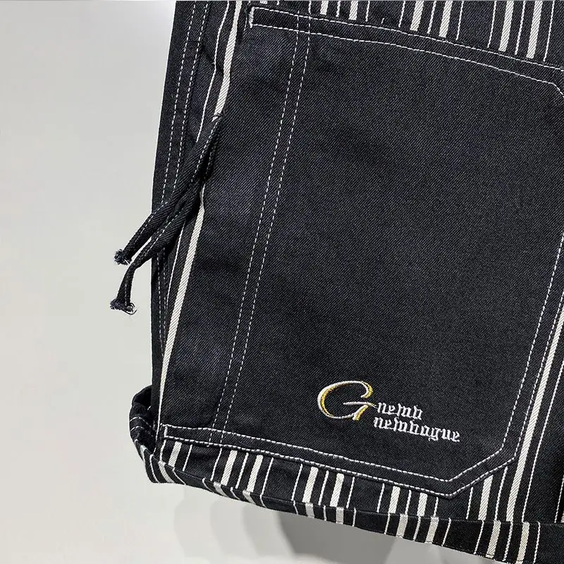 مع جيوب جينز قصير السراويل للرجال شريط أسود الربط فضفاض رجل الدنيم السراويل بيع مصمم أزرار الأزياء الكورية الشعبية